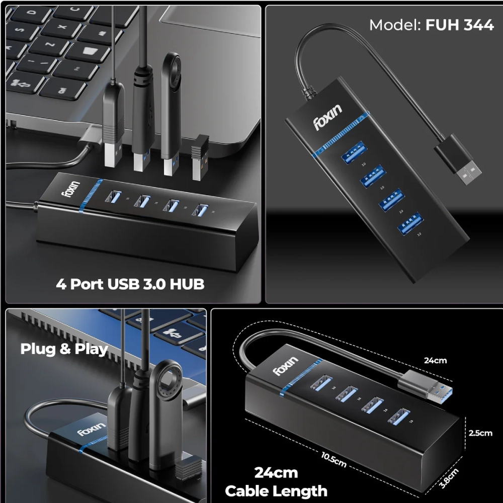 Foxin 4 Port USB Hub 3.0 FUH 344 view 2